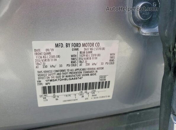 1FMSK7DH8LGA69747 2020 FORD EXPLORER Silver Vista de la etiqueta del VIN