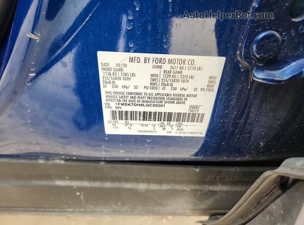 1FMSK7DH8LGC09201 2020 FORD EXPLORER Blue Вид наклейки з VIN-кодом