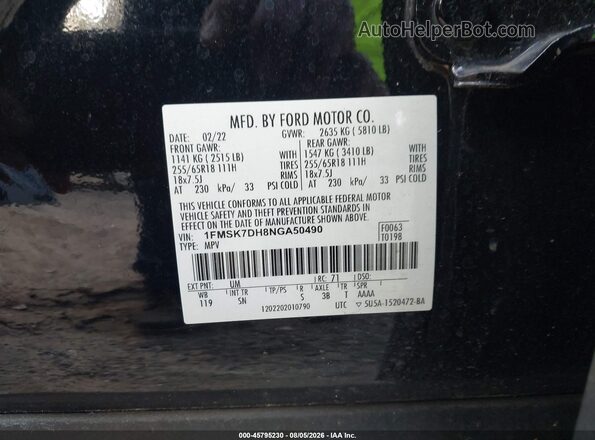 1FMSK7DH8NGA50490 2022 FORD EXPLORER Black Vista del compartimento del motor