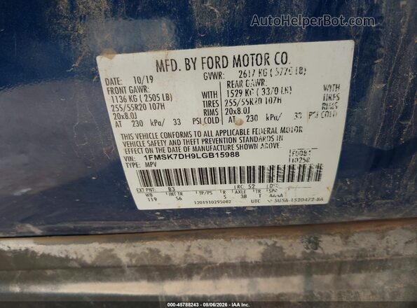 1FMSK7DH9LGB15988 2020 FORD EXPLORER Blue Vista del compartimento del motor
