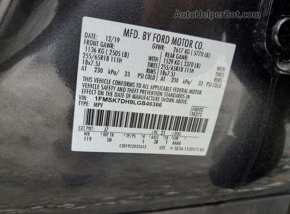 1FMSK7DH9LGB46366 2020 FORD EXPLORER Gray Vista de la etiqueta del VIN