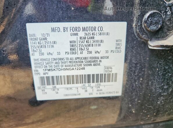 1FMSK7DH9NGA12248 2022 FORD EXPLORER Black VIN კოდის სტიკერის ხედი