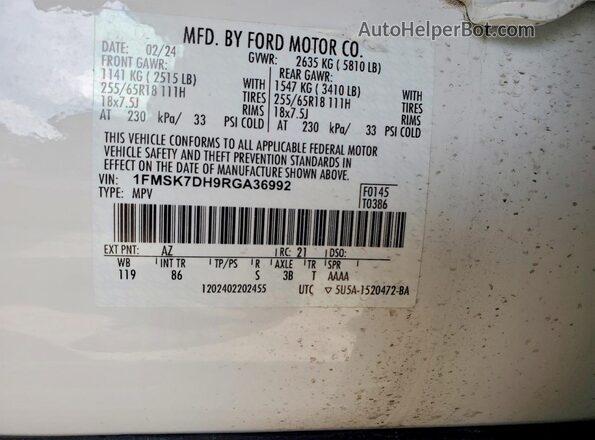 1FMSK7DH9RGA36992 2024 FORD EXPLORER White Vista del compartimento del motor