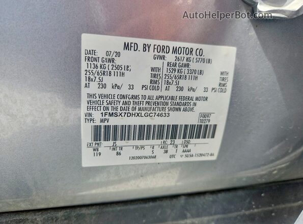 1FMSK7DHXLGC74633 2020 FORD EXPLORER Silver Vista de la etiqueta del VIN