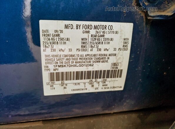 1FMSK7DHXLGD12362 2020 FORD EXPLORER Blue Вид наклейки з VIN-кодом