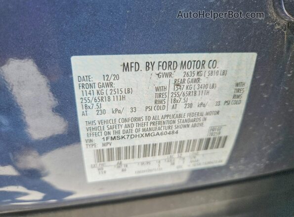 1FMSK7DHXMGA60484 2021 FORD EXPLORER Blue VIN კოდის სტიკერის ხედი