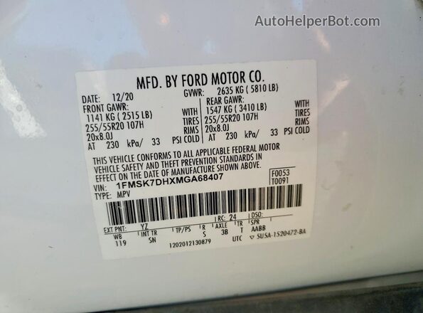 1FMSK7DHXMGA68407 2021 FORD EXPLORER White VIN კოდის სტიკერის ხედი