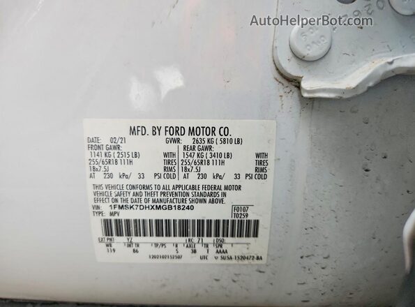1FMSK7DHXMGB18240 2021 FORD EXPLORER White Панорамний вид салону 360°
