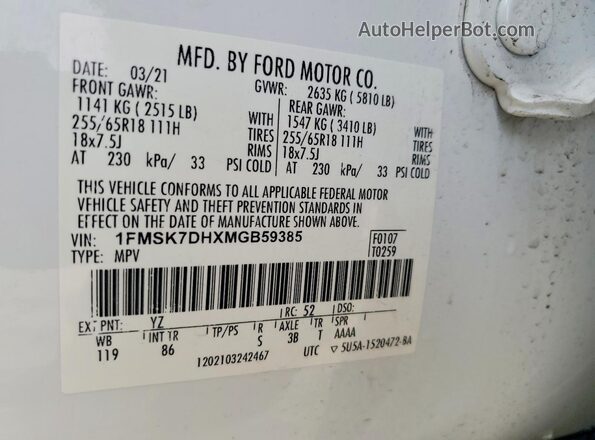 1FMSK7DHXMGB59385 2021 FORD EXPLORER Белый Вид наклейки с VIN-кодом