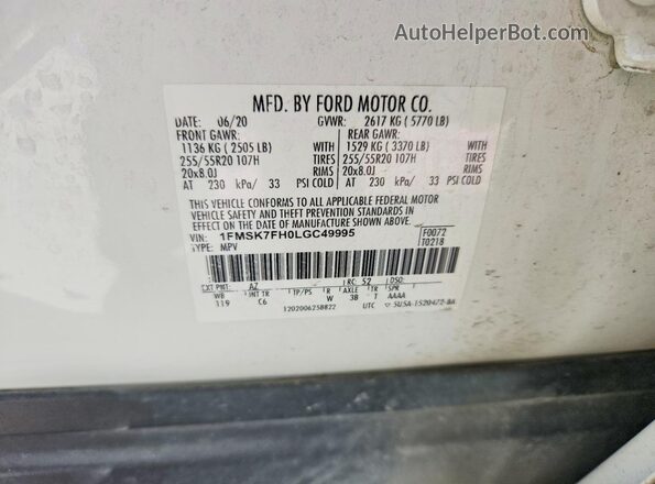 1FMSK7FH0LGC49995 2020 FORD EXPLORER White სალონის 360-გრადუსიანი ხედი