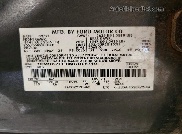 1FMSK7FH0MGB05719 2021 FORD EXPLORER Silver Widok naklejki z numerem VIN