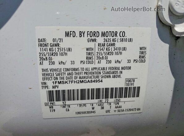 1FMSK7FH2MGA84954 2021 FORD EXPLORER White Вид наклейки з VIN-кодом