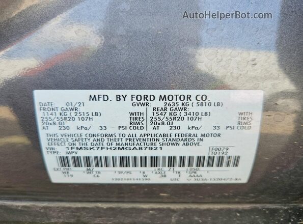 1FMSK7FH2MGA87921 2021 FORD EXPLORER Серый Вид наклейки с VIN-кодом