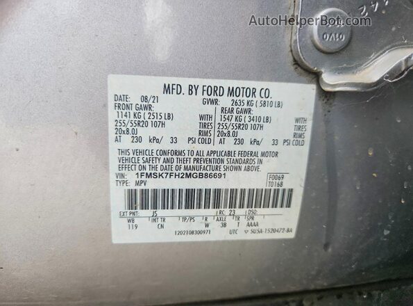 1FMSK7FH2MGB86691 2021 FORD EXPLORER Silver Widok wnętrza 360 stopni
