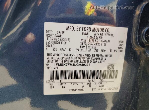 1FMSK7FH3LGA80376 2020 FORD EXPLORER Blue VIN sticker view
