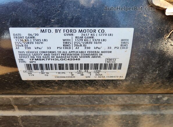 1FMSK7FH3LGC42040 2020 FORD EXPLORER Charcoal Vista interior de 360 grados