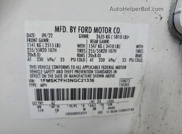 1FMSK7FH3NGC21336 2022 FORD EXPLORER White Vista de la etiqueta del VIN