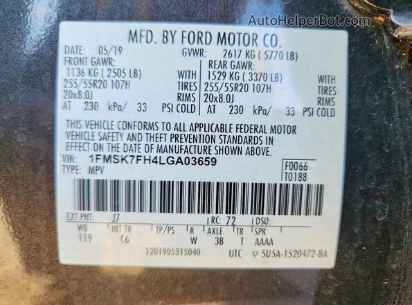 1FMSK7FH4LGA03659 2020 FORD EXPLORER Gray VIN կոդի պիտակի տեսք