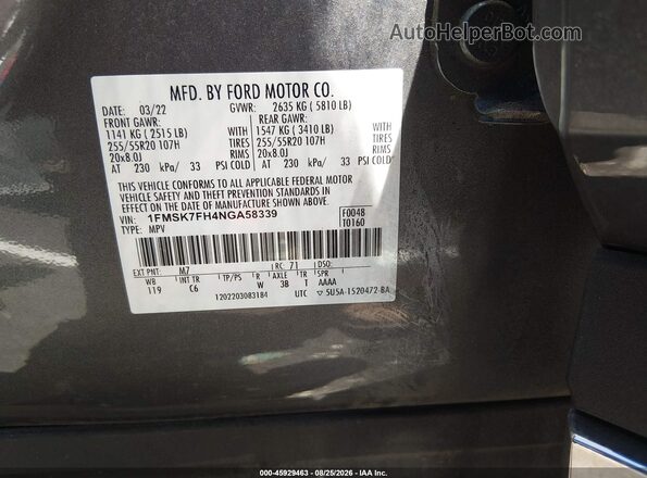1FMSK7FH4NGA58339 2022 FORD EXPLORER Gray ძრავის განყოფილების ხედი