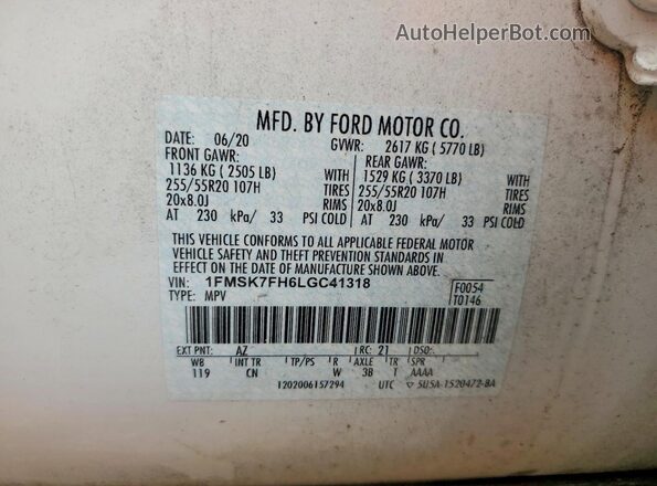 1FMSK7FH6LGC41318 2020 FORD EXPLORER White Սալոնի 360 աստիճան տեսք