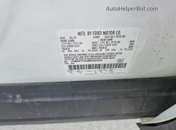 1FMSK7FH6MGA92006 2021 FORD EXPLORER Gray Vista de la etiqueta del VIN