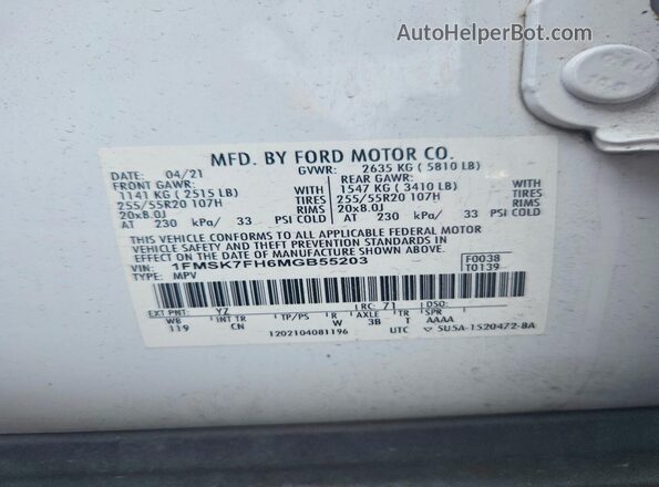 1FMSK7FH6MGB55203 2021 FORD EXPLORER White Вид наклейки з VIN-кодом