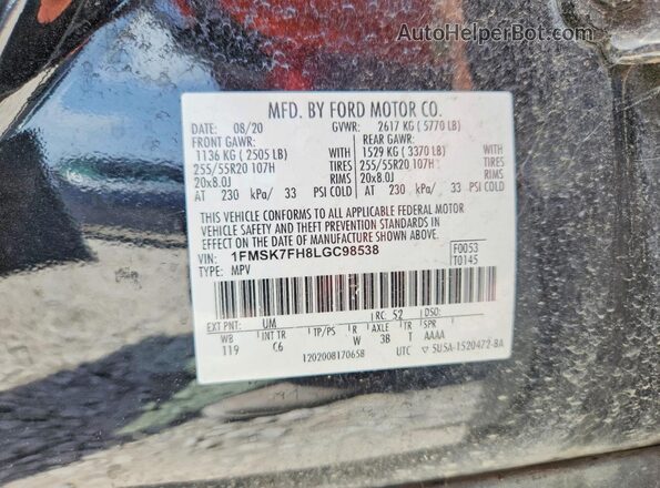 1FMSK7FH8LGC98538 2020 FORD EXPLORER Black VIN sticker view