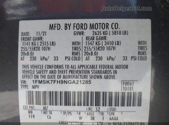 1FMSK7FH9NGA21285 2022 FORD EXPLORER Gray Vista del compartimento del motor