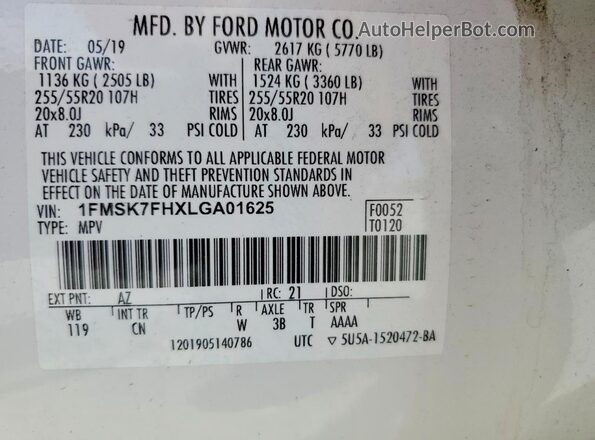 1FMSK7FHXLGA01625 2020 FORD EXPLORER Белый Вид наклейки с VIN-кодом