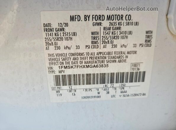 1FMSK7FHXMGA63835 2021 FORD EXPLORER White Widok naklejki z numerem VIN