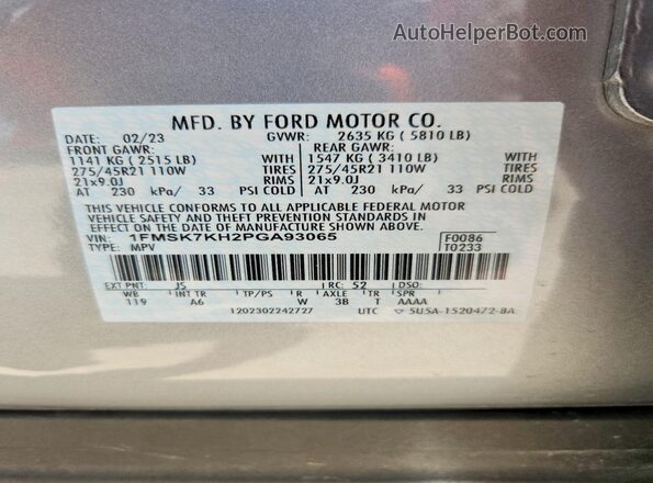 1FMSK7KH2PGA93065 2023 FORD EXPLORER Silver VIN კოდის სტიკერის ხედი