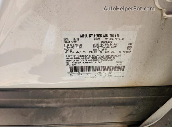 1FMSK7KH8NGC32046 2022 FORD EXPLORER White Widok naklejki z numerem VIN