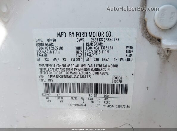 1FMSK8BB0LGC65475 2020 FORD EXPLORER White Вид підкапотного простору