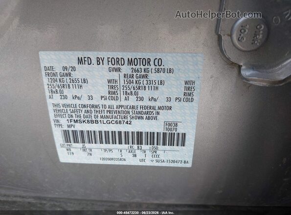 1FMSK8BB1LGC68742 2020 FORD EXPLORER Silver ძრავის განყოფილების ხედი