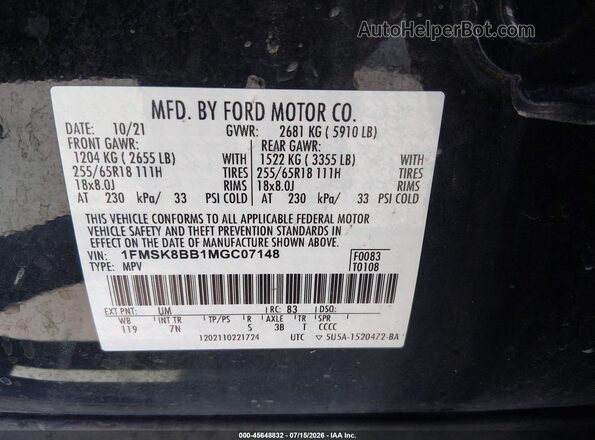 1FMSK8BB1MGC07148 2021 FORD EXPLORER Black Widok komory silnika