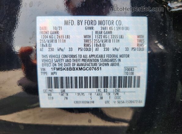 1FMSK8BBXMGC07651 2021 FORD EXPLORER Black VIN sticker view