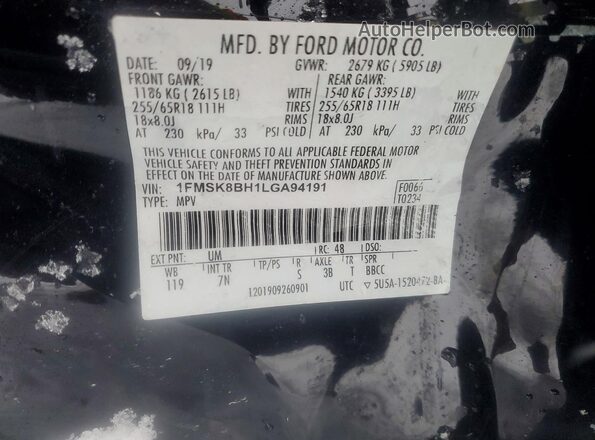 1FMSK8BH1LGA94191 2020 FORD EXPLORER Black Vista de la etiqueta del VIN