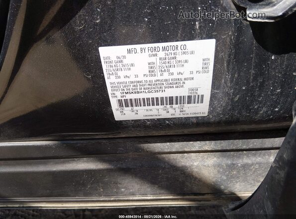 1FMSK8BH1LGC35731 2020 FORD EXPLORER Gray Widok komory silnika