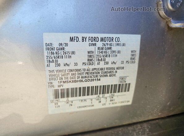 1FMSK8BH9LGD20154 2020 FORD EXPLORER Silver VIN կոդի պիտակի տեսք