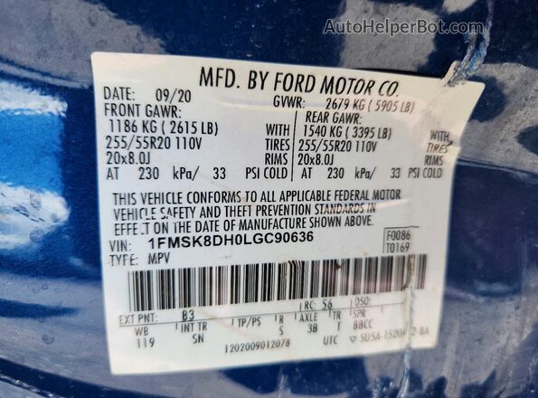 1FMSK8DH0LGC90636 2020 FORD EXPLORER Синий Вид наклейки с VIN-кодом
