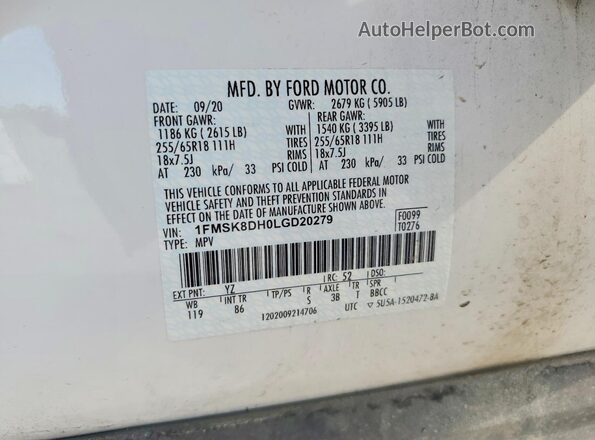 1FMSK8DH0LGD20279 2020 FORD EXPLORER White VIN კოდის სტიკერის ხედი