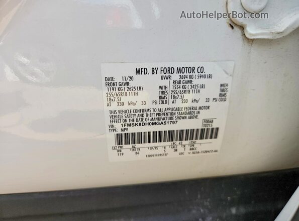 1FMSK8DH0MGA51797 2021 FORD EXPLORER White Панорамний вид салону 360°