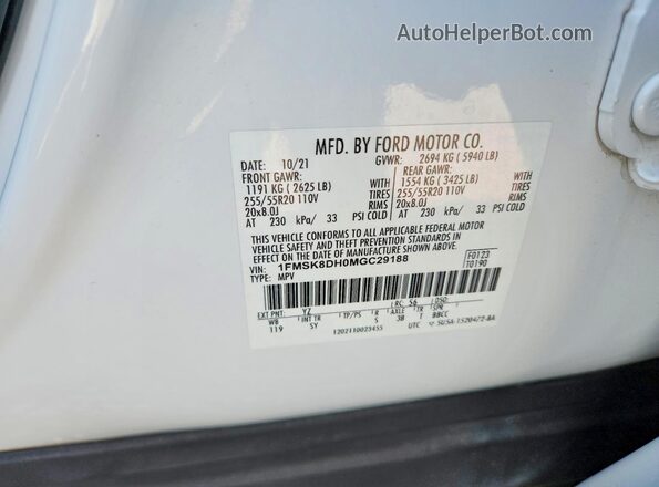 1FMSK8DH0MGC29188 2021 FORD EXPLORER Белый Вид наклейки с VIN-кодом