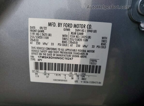 1FMSK8DH0NGC16247 2022 FORD EXPLORER Gray Vista de la etiqueta del VIN
