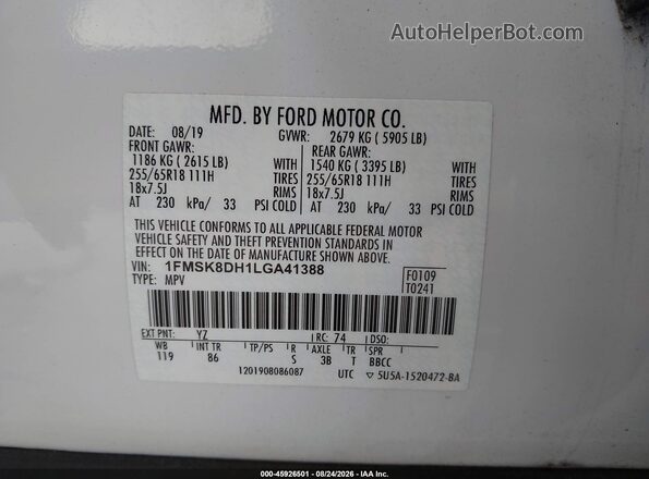 1FMSK8DH1LGA41388 2020 FORD EXPLORER White Շարժիչի բաժամունքի տեսք