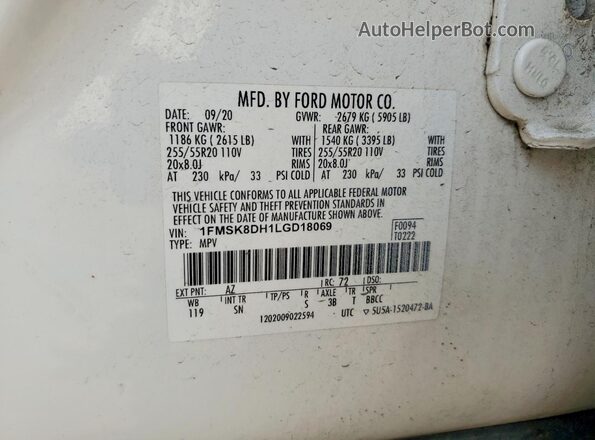 1FMSK8DH1LGD18069 2020 FORD EXPLORER White 360 interior view