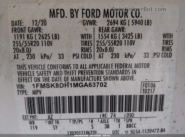 1FMSK8DH1MGA63702 2021 FORD EXPLORER White Շարժիչի բաժամունքի տեսք