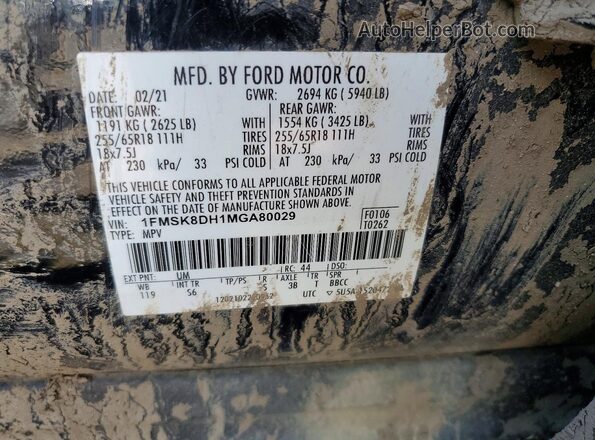 1FMSK8DH1MGA80029 2021 FORD EXPLORER Black Widok naklejki z numerem VIN