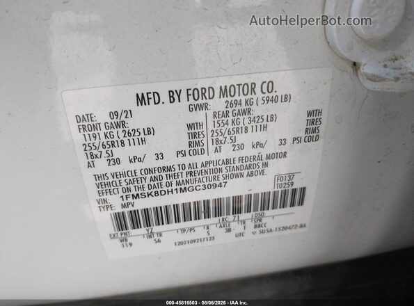 1FMSK8DH1MGC30947 2021 FORD EXPLORER White Vista del compartimento del motor