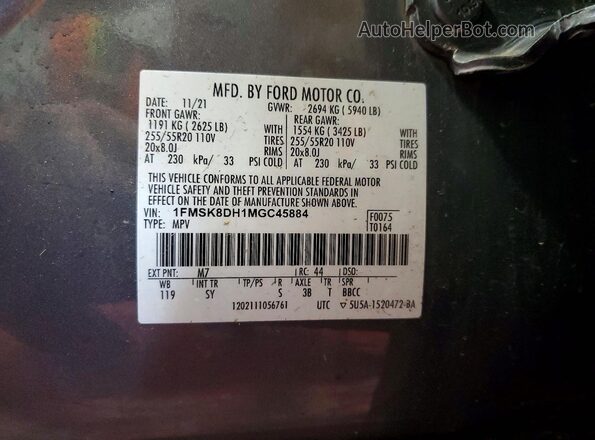 1FMSK8DH1MGC45884 2021 FORD EXPLORER Gray Vista interior de 360 grados